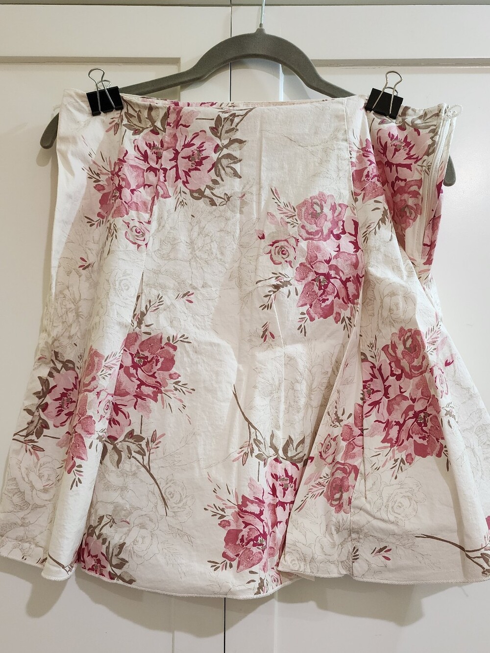 White Floral A-Line Skirt with Pink Rose Print